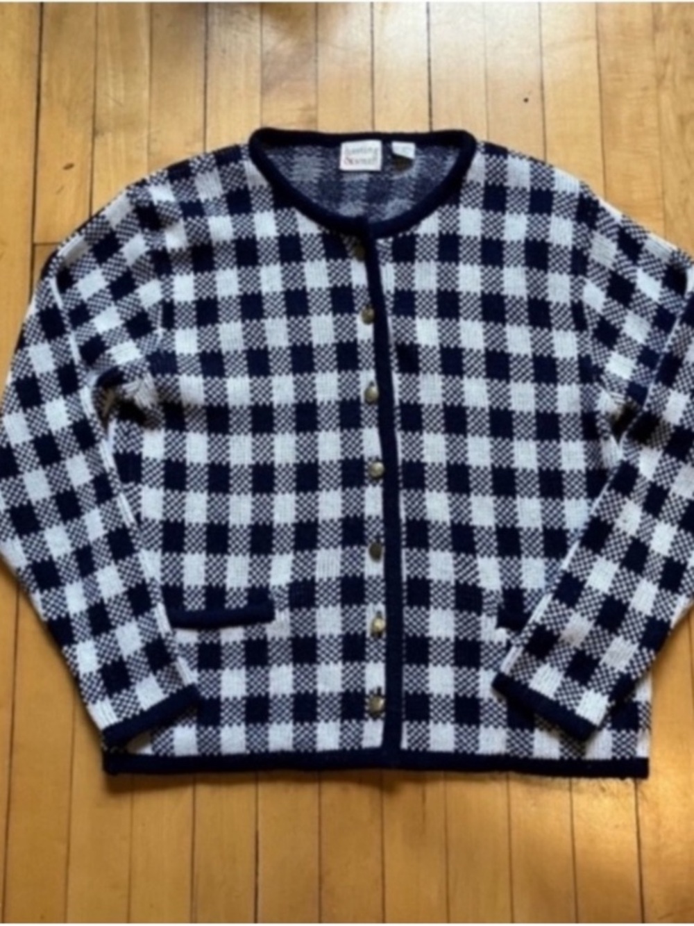 Vintage Gingham Navy Blue Acrylic Cardigan Size Medium